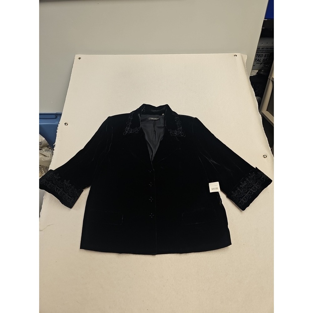 Tahari Black Velvet Blazer Embroidered 3/4 Sleeve Evening Jacket NWT